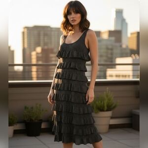 Tango Mango Black Polka Dot Tiered Ruffle Midi Dress, Boho Chic, Size M